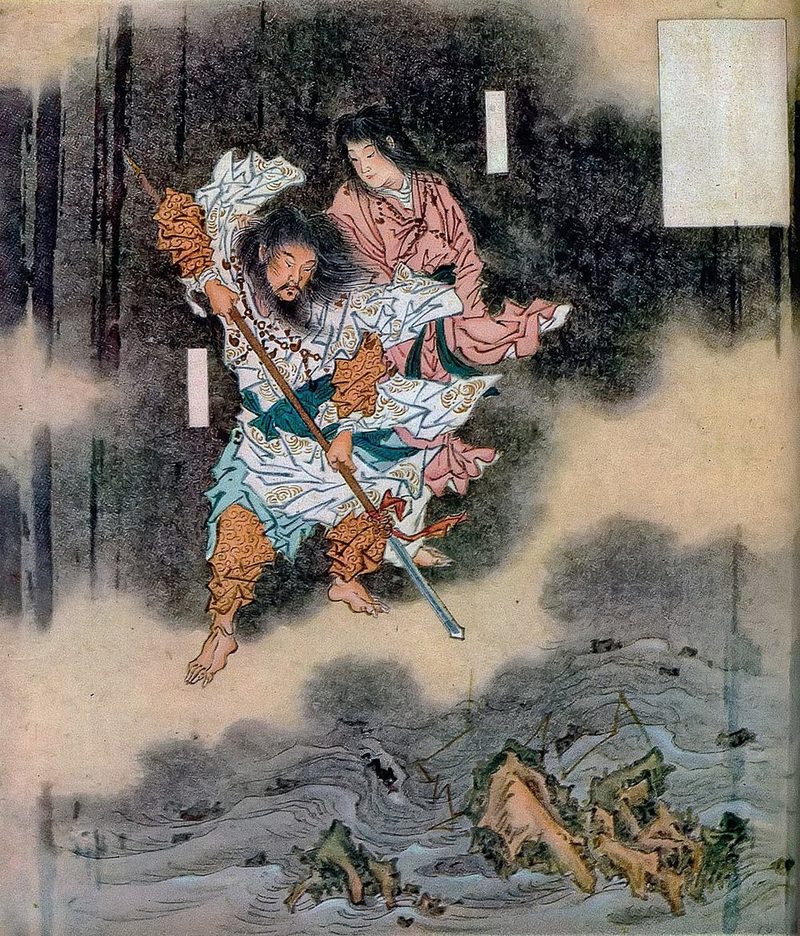 Izanagi and Izanami stand above the islands of Japan, surrounded by waves and mountains.